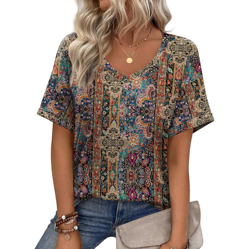 imageZeagoo Womens Summer Tops Short Sleeve Casual Shirts Floral Tee Trendy 2026 Basics V Neck Plain TshirtMz721