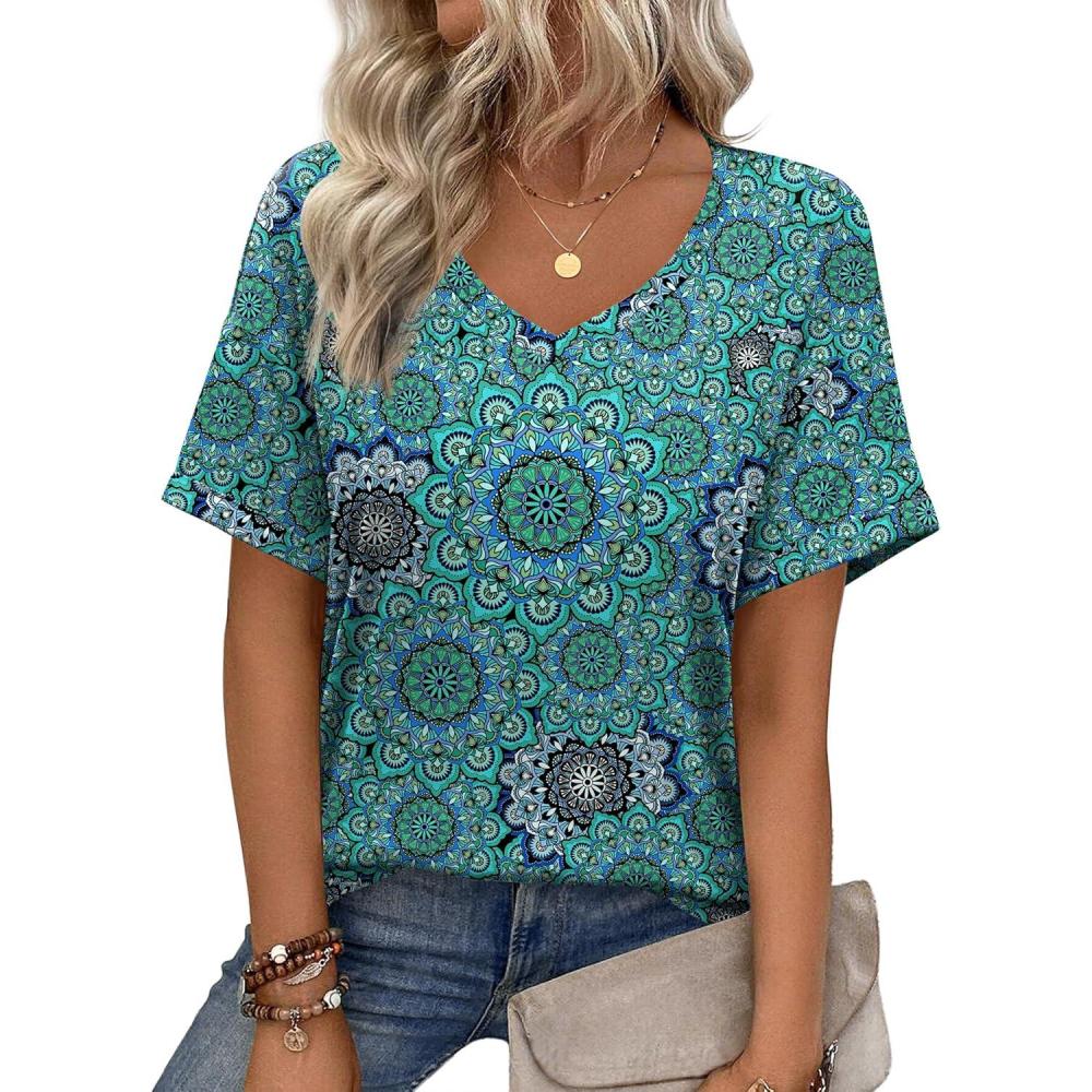 imageZeagoo Womens Summer Tops Short Sleeve Casual Shirts Floral Tee Trendy 2026 Basics V Neck Plain TshirtMz858