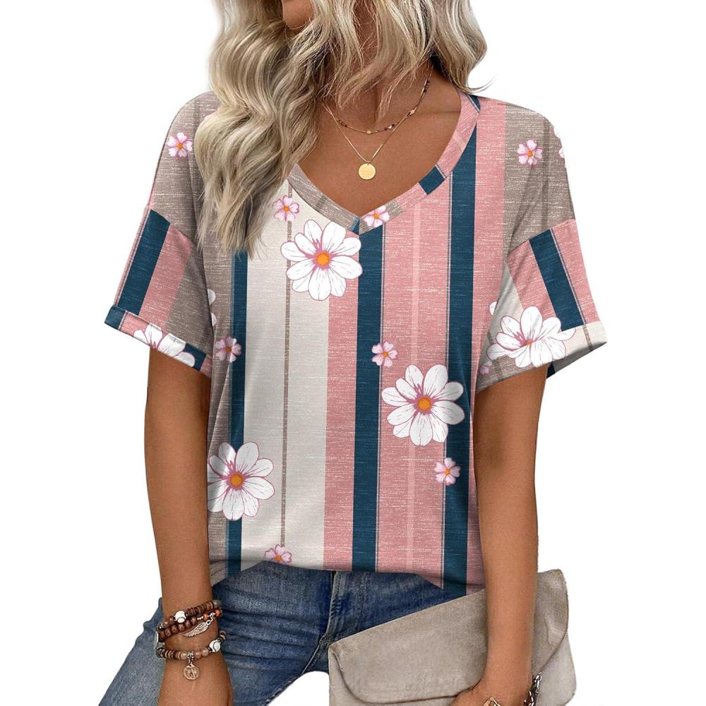 imageZeagoo Womens Summer Tops Short Sleeve Casual Shirts Floral Tee Trendy 2026 Basics V Neck Plain TshirtSf189
