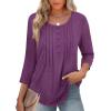 Zeagoo 3/4 Length Sleeve Womens Tops Round Neck Casual Summer Tunic Tops Basic Tees Blouses Dressy T-Shirts Pleated Shirts(Purple)