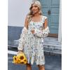 Zeagoo Boho Mini A-line Dress 2025 Womens Summer Dress Casual Ruffle Tiered Floral Square Neck Sundresses Beach with Pockets(White Blue Floral)