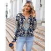 Zeagoo Fall Tops for Women Long Sleeve Button Up Shirts Floral Tunics V Neck Pullover Blouse(Ethnic Black)