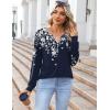 Zeagoo Fall Tops for Women Long Sleeve Button Up Shirts Floral Tunics V Neck Pullover Blouse(Navy Floral)