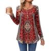 Zeagoo Long Sleeve Shirts for Women Fall Fashion Dressy Casual Blouses Trendy Pleated Tunic Tops for Leggings 2025(Red Print-mz870)