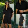 Zeagoo Women Linen Button Down Shirt Rolled Cuffed Short Sleeve Blouse Ladies Summer Casual V Neck Beach Cotton Tops(B-black)