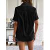Zeagoo Women Linen Button Down Shirt Rolled Cuffed Short Sleeve Blouse Ladies Summer Casual V Neck Beach Cotton Tops(B-black)