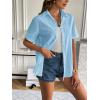 Zeagoo Women Linen Button Down Shirt Rolled Cuffed Short Sleeve Blouse Ladies Summer Casual V Neck Beach Cotton Tops(C-sea Blue)