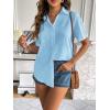Zeagoo Women Linen Button Down Shirt Rolled Cuffed Short Sleeve Blouse Ladies Summer Casual V Neck Beach Cotton Tops(C-sea Blue)