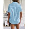 Zeagoo Women Linen Button Down Shirt Rolled Cuffed Short Sleeve Blouse Ladies Summer Casual V Neck Beach Cotton Tops(C-sea Blue)