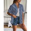 Zeagoo Women Linen Button Down Shirt Rolled Cuffed Short Sleeve Blouse Ladies Summer Casual V Neck Beach Cotton Tops(Floral Blue)