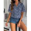 Zeagoo Women Linen Button Down Shirt Rolled Cuffed Short Sleeve Blouse Ladies Summer Casual V Neck Beach Cotton Tops(Floral Blue)