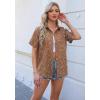Zeagoo Women Linen Button Down Shirt Rolled Cuffed Short Sleeve Blouse Ladies Summer Casual V Neck Beach Cotton Tops(Floral Brown)
