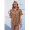 Zeagoo Women Linen Button Down Shirt Rolled Cuffed Short Sleeve Blouse Ladies Summer Casual V Neck Beach Cotton Tops(Floral Brown)