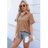 Zeagoo Women Linen Button Down Shirt Rolled Cuffed Short Sleeve Blouse Ladies Summer Casual V Neck Beach Cotton Tops(Floral Brown)