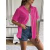 Zeagoo Women Linen Button Down Shirt Rolled Cuffed Short Sleeve Blouse Ladies Summer Casual V Neck Beach Cotton Tops(Hot Pink)