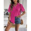 Zeagoo Women Linen Button Down Shirt Rolled Cuffed Short Sleeve Blouse Ladies Summer Casual V Neck Beach Cotton Tops(Hot Pink)