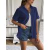 Zeagoo Women Linen Button Down Shirt Rolled Cuffed Short Sleeve Blouse Ladies Summer Casual V Neck Beach Cotton Tops(Navy)