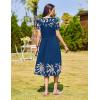 Zeagoo Women Summer Short Sleeve Midi Dress with Pockets Casual Aline Flowy Tshirt Dress Floral Vocation Beach Sundress(Navy Leaf Print)