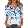 Zeagoo Womens Blouse Casual 3/4 Length Sleeve V Neck Basic T-Shirts Spring Summer Cute Tunic Tops Business Work Tees(Blue Leave-wf41)