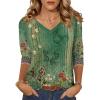 Zeagoo Womens Blouse Casual 3/4 Length Sleeve V Neck Basic T-Shirts Spring Summer Cute Tunic Tops Business Work Tees(Green Flower-mz808)