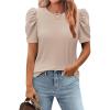 Zeagoo Blouse for Women Dressy Casual Puff Short Sleeve Boho Tops Fashion Floral Crew Neck Tunic Shirts Summer Clothes(Khaki)