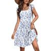 Zeagoo Boho Mini A-line Dress 2025 Womens Summer Dress Casual Ruffle Tiered Floral Square Neck Sundresses Beach with Pockets(Blue White Floral)