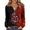 Zeagoo Fall Tops for Women Long Sleeve Button Up Shirts Floral Tunics V Neck Pullover Blouse(Black Red Floral)