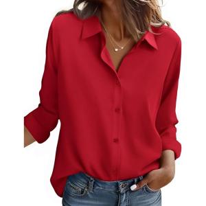 ZEAGOO Button Down Shirt for Women Long Sleeve Blouses Floral Printed Tops Business Casual Work Outfits S-XXL(C-red-stain Shield)