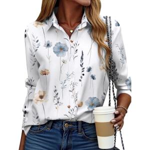 ZEAGOO Button Down Shirt for Women Long Sleeve Blouses Floral Printed Tops Business Casual Work Outfits S-XXL(Floral White)