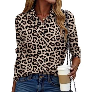 ZEAGOO Button Down Shirt for Women Long Sleeve Blouses Floral Printed Tops Business Casual Work Outfits S-XXL(Leopard Print)
