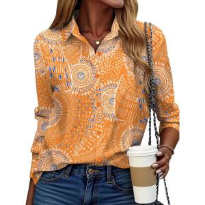 ZEAGOO Button Down Shirt for Women Long Sleeve Blouses Floral Printed Tops Business Casual Work Outfits S-XXL(Orange Printed)