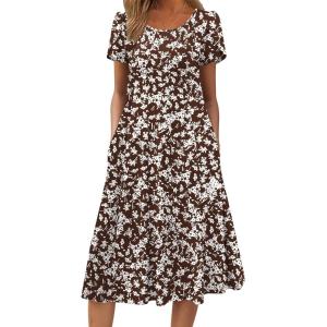 ZEAGOO Womens Casual Dresses for Summer Short Sleeve Flare Midi Dress Loose Flowy Beach Sundress(2601 Brown Floral)