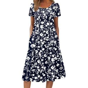 ZEAGOO Womens Casual Dresses for Summer Short Sleeve Flare Midi Dress Loose Flowy Beach Sundress(2601 Navy Floral)