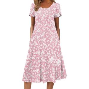 ZEAGOO Womens Casual Dresses for Summer Short Sleeve Flare Midi Dress Loose Flowy Beach Sundress(2601 Pink Floral)