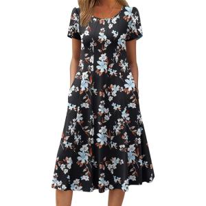 ZEAGOO Womens Casual Dresses for Summer Short Sleeve Flare Midi Dress Loose Flowy Beach Sundress(Black Flower)