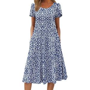 ZEAGOO Womens Casual Dresses for Summer Short Sleeve Flare Midi Dress Loose Flowy Beach Sundress(Blue Leaf)