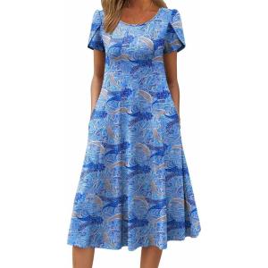 ZEAGOO Womens Casual Dresses for Summer Short Sleeve Flare Midi Dress Loose Flowy Beach Sundress(Cashew Blue Print)