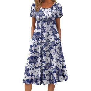 ZEAGOO Womens Casual Dresses for Summer Short Sleeve Flare Midi Dress Loose Flowy Beach Sundress(Deep Blue Flower)
