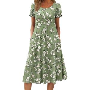ZEAGOO Womens Casual Dresses for Summer Short Sleeve Flare Midi Dress Loose Flowy Beach Sundress(Green Floral)
