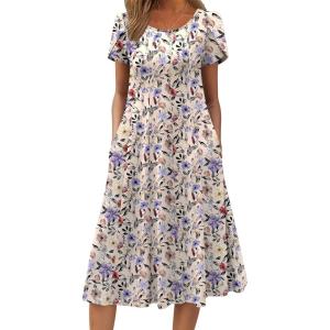 ZEAGOO Womens Casual Dresses for Summer Short Sleeve Flare Midi Dress Loose Flowy Beach Sundress(Ivory Floral 01)