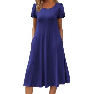 ZEAGOO Womens Casual Dresses for Summer Short Sleeve Flare Midi Dress Loose Flowy Beach Sundress(Navy Blue)