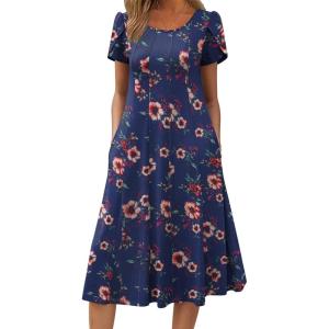 ZEAGOO Womens Casual Dresses for Summer Short Sleeve Flare Midi Dress Loose Flowy Beach Sundress(Navy Flower)