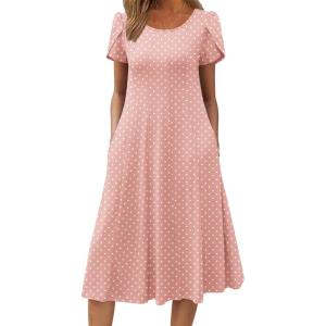 ZEAGOO Womens Casual Dresses for Summer Short Sleeve Flare Midi Dress Loose Flowy Beach Sundress(Pink Dot)