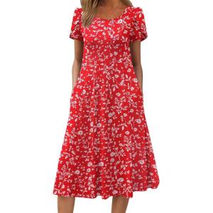 ZEAGOO Womens Casual Dresses for Summer Short Sleeve Flare Midi Dress Loose Flowy Beach Sundress(Red Floral)