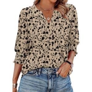 Zeagoo 3/4 Length Sleeve Womens Tops 2025 Floral Womens Blouses V Neck TunicTops with Smocked Cuffs(Apricot Back Floral)