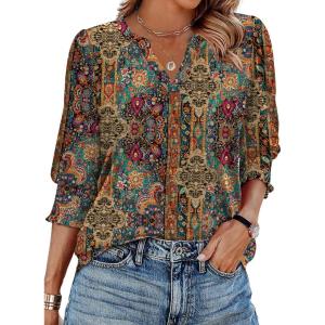 Zeagoo 3/4 Length Sleeve Womens Tops 2025 Floral Womens Blouses V Neck TunicTops with Smocked Cuffs(Ethnic Prints)