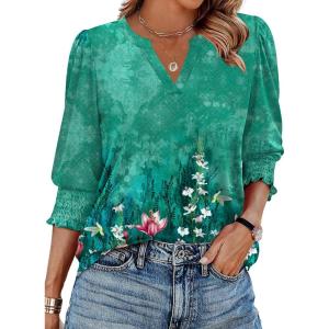 Zeagoo 3/4 Length Sleeve Womens Tops 2025 Floral Womens Blouses V Neck TunicTops with Smocked Cuffs(Gradient Floral Print)