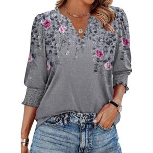 Zeagoo 3/4 Length Sleeve Womens Tops 2025 Floral Womens Blouses V Neck TunicTops with Smocked Cuffs(Gray Floral)