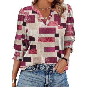 Zeagoo 3/4 Length Sleeve Womens Tops 2025 Floral Womens Blouses V Neck TunicTops with Smocked Cuffs(Multicolor Plaid 509)