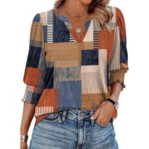Zeagoo 3/4 Length Sleeve Womens Tops 2025 Floral Womens Blouses V Neck TunicTops with Smocked Cuffs(Orange and Blue Plaid)